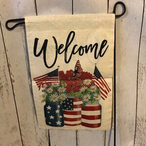 NEW Garden Flag Welcome flag with mason jars and American flag colors, daisies